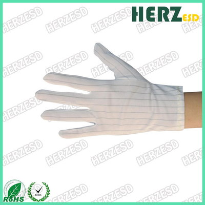 Το άσπρο ριγωτό χέρι ESD φορά γάντια στον πολυεστέρα 100% με την αγώγιμη γραμμή άνθρακα κάθε 10mm