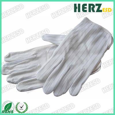 Το άσπρο ριγωτό χέρι ESD φορά γάντια στον πολυεστέρα 100% με την αγώγιμη γραμμή άνθρακα κάθε 10mm